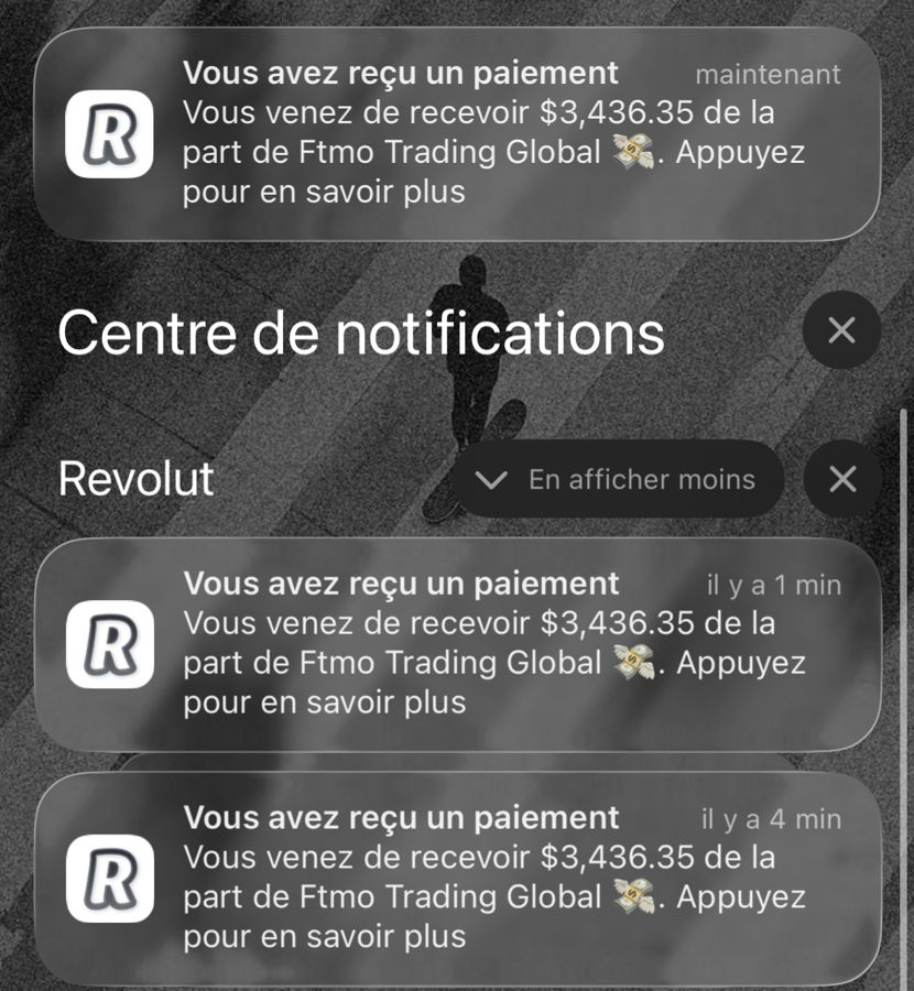 Notifications Revolut : trois paiements FTMO de 3 436 $