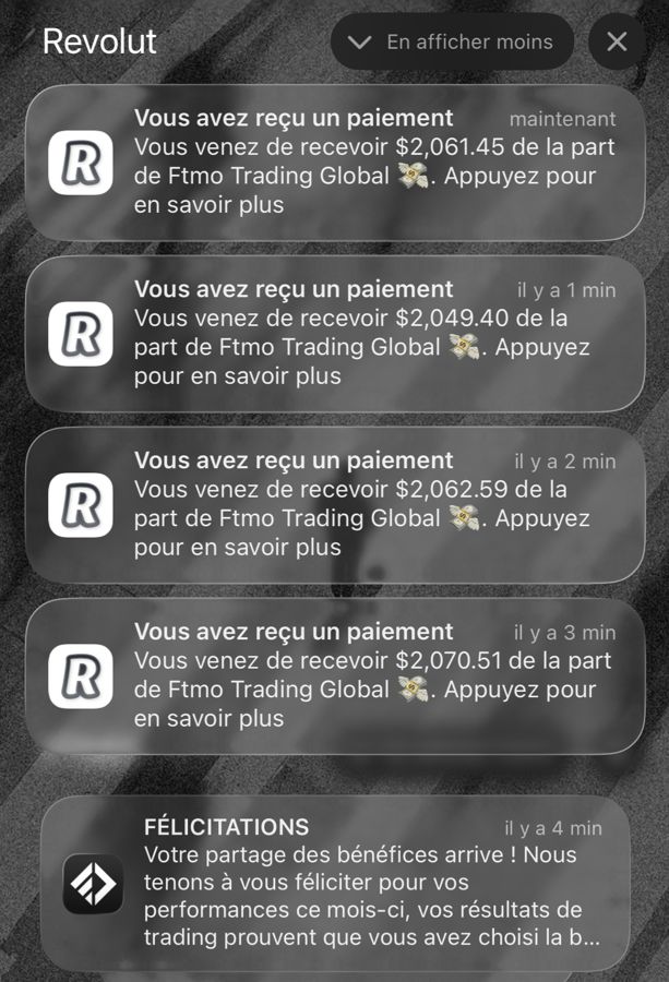 Notifications Revolut : quatre paiements FTMO d'environ 2 060 $